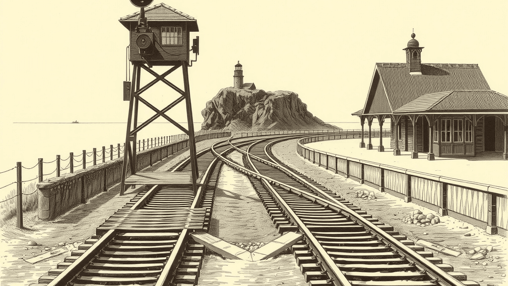 Editorial engraving of a railway signal tower where the tracks fork, one curving toward a lighthouse on a distant rock, the other running straight to a depot building, representing a deploy-target decision.