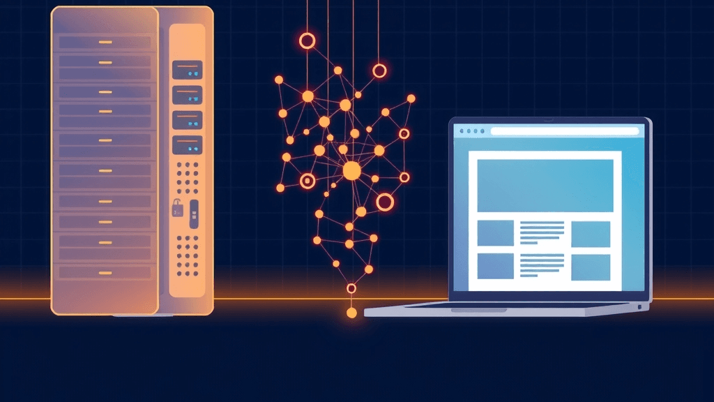 Editorial illustration of a server rack's data flowing as a tree of connected nodes across a divide into a browser window, representing the Server Component to Client Component boundary.