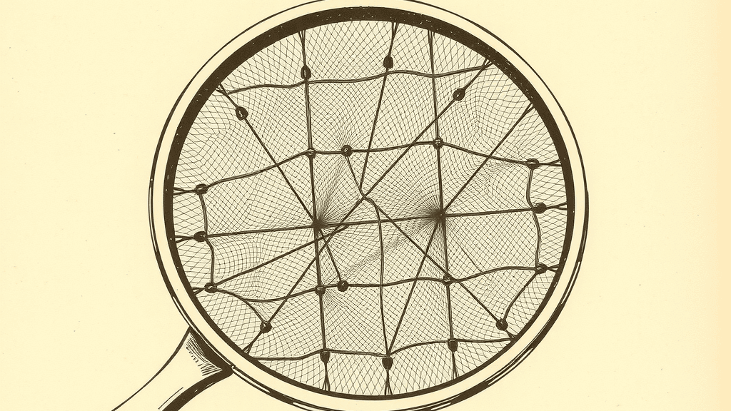 Engraving of a round fine-mesh sieve with a handle, stretched across a web of knotted threads and connected nodes.