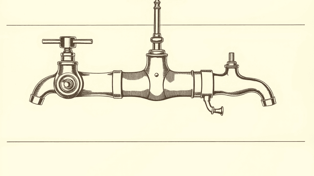 Engraving of a brass water manifold, one horizontal pipe carrying a cross-handle valve, a small lever fitting and two curved spouts.