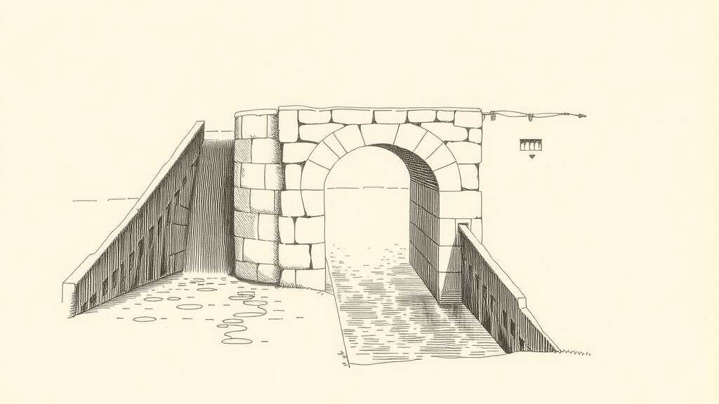 Engraving of a stone sluice gate with an arched opening, water channelled between sloping walls on either side.